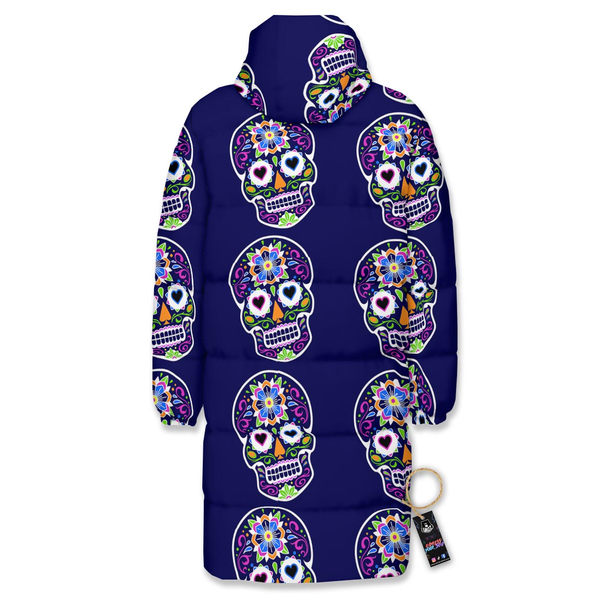 Sugar Skull Teal Pink Print Pattern Long Down Jacket-grizzshop