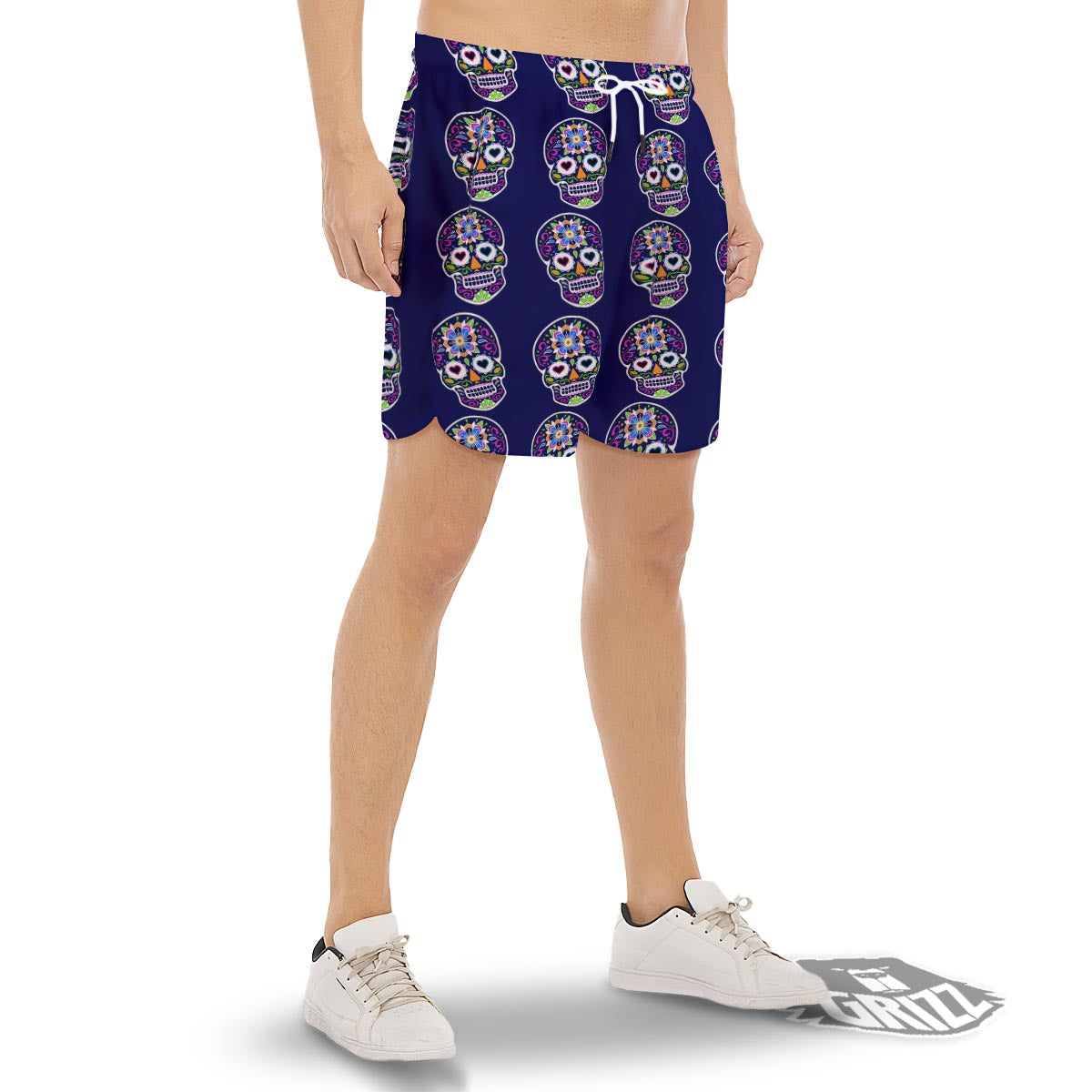 Sugar Skull Teal Pink Print Pattern Men's Gym Shorts-grizzshop