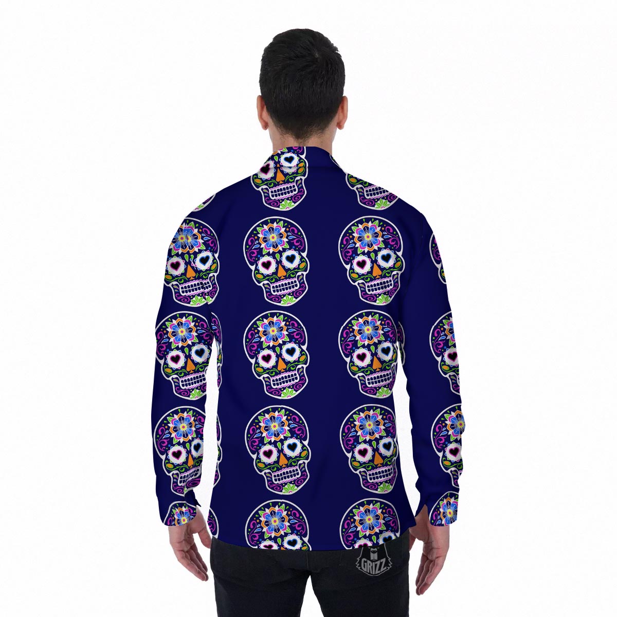 Sugar Skull Teal Pink Print Pattern Men's Long Sleeve Shirts-grizzshop