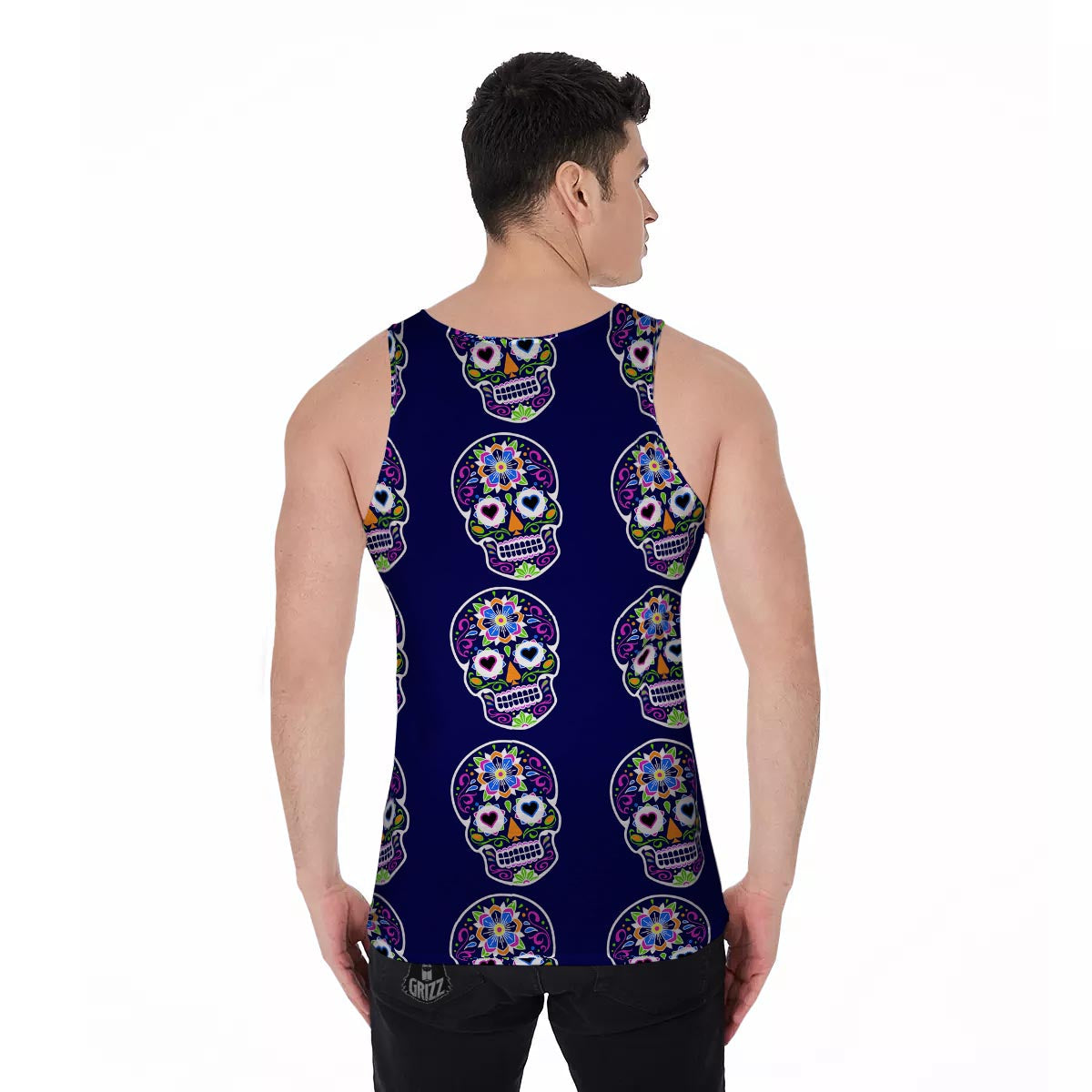 Sugar Skull Teal Pink Print Pattern Men's Tank Top-grizzshop