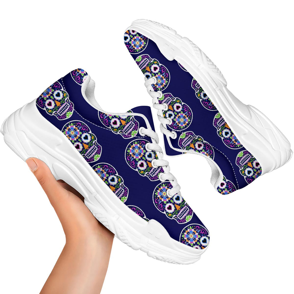 Sugar Skull Teal Pink Print Pattern White Chunky Shoes-grizzshop