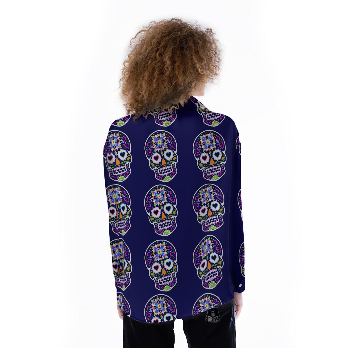 Sugar Skull Teal Pink Print Pattern Women's Long Sleeve Shirts-grizzshop