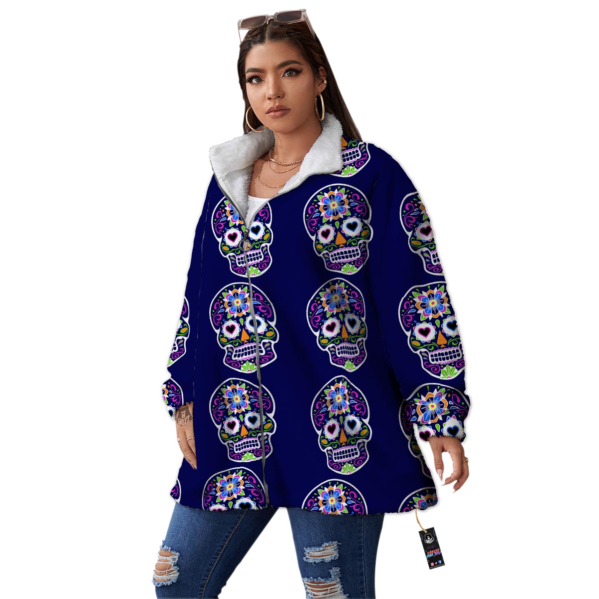 Sugar Skull Teal Pink Print Pattern Women's Sherpa Jacket-grizzshop