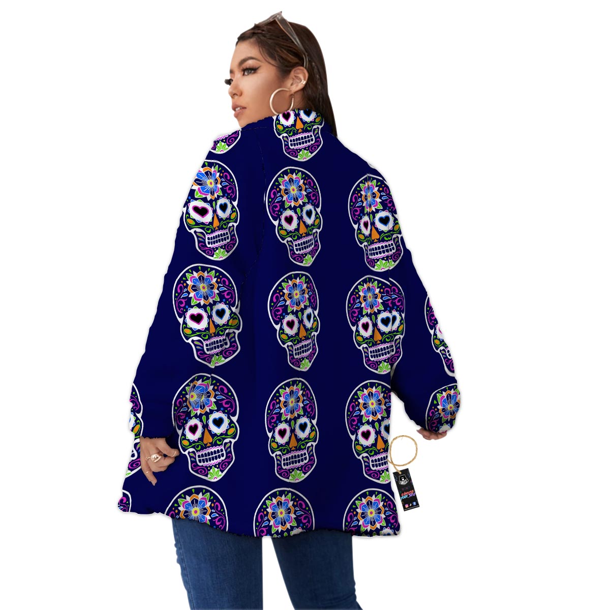 Sugar Skull Teal Pink Print Pattern Women's Sherpa Jacket-grizzshop