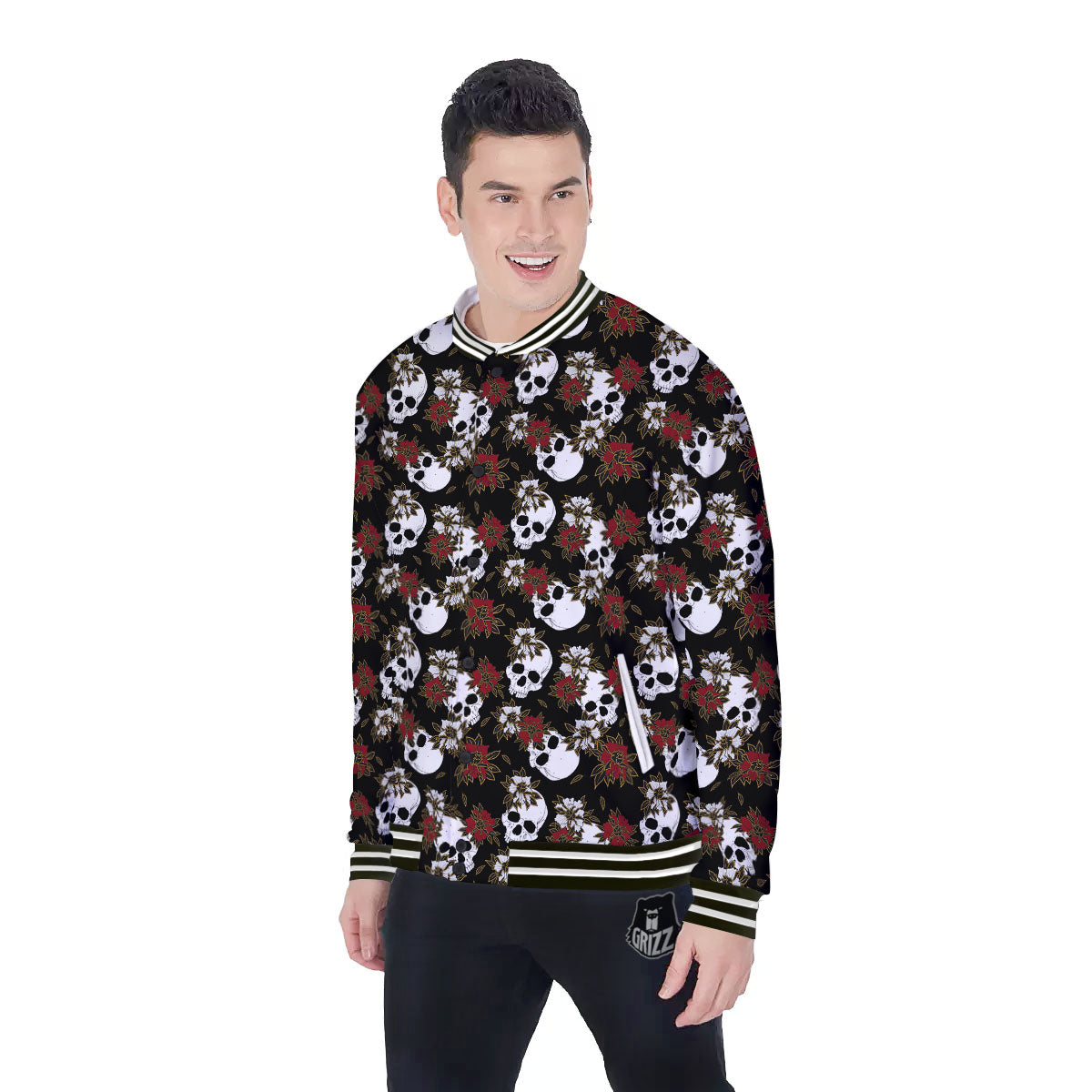 Sugar Skull White And Red Print Pattern Baseball Jacket-grizzshop