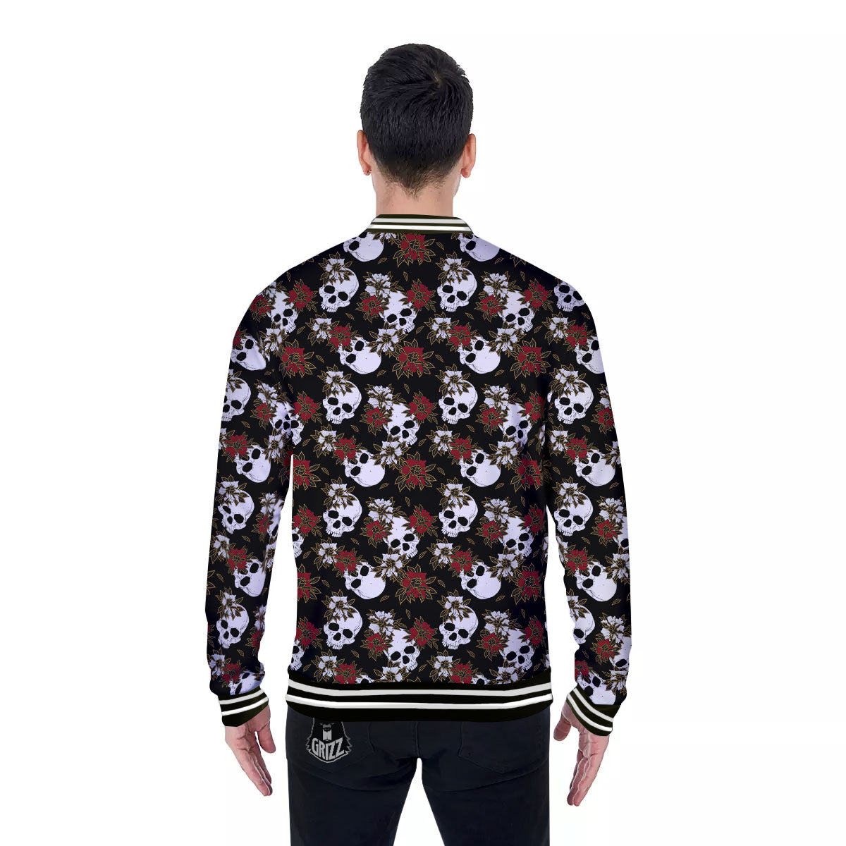 Sugar Skull White And Red Print Pattern Baseball Jacket-grizzshop