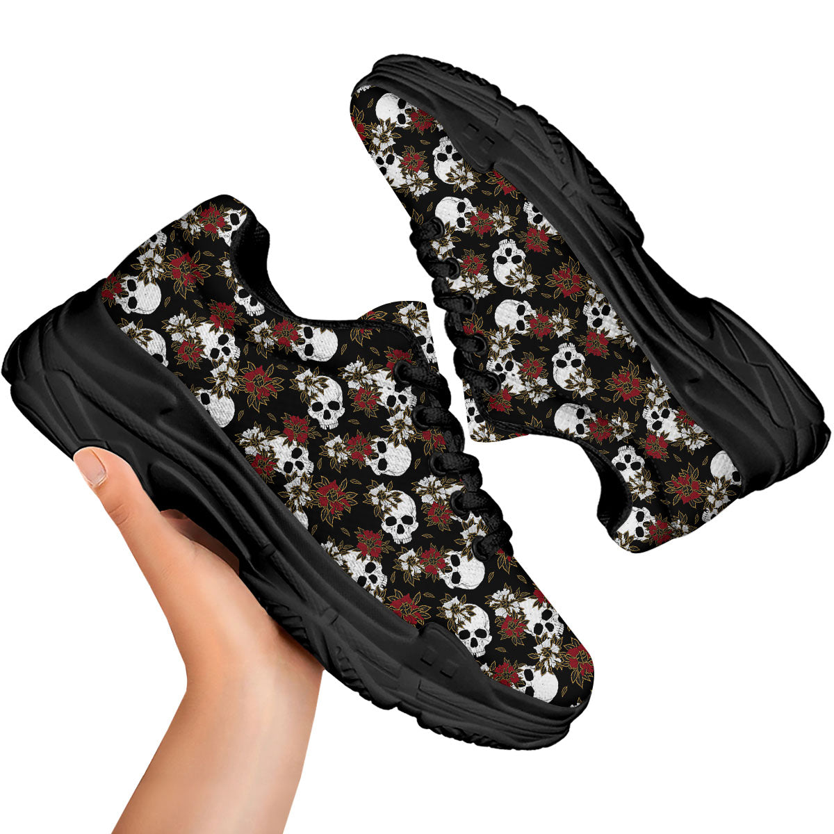 Sugar Skull White And Red Print Pattern Black Chunky Shoes-grizzshop