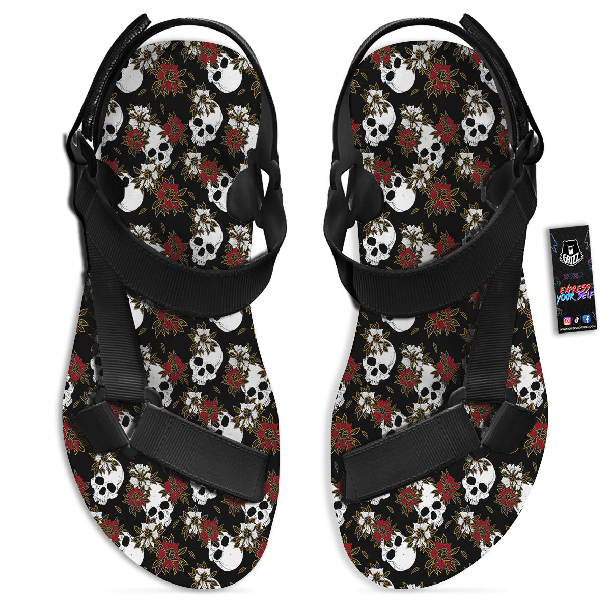 Sugar Skull White And Red Print Pattern Black Open Toe Sandals-grizzshop