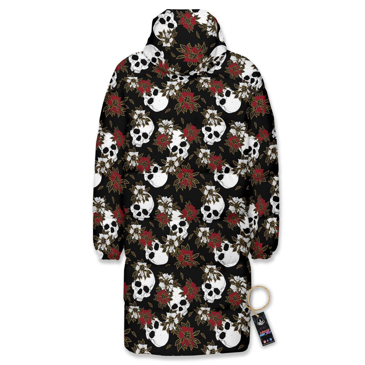 Sugar Skull White And Red Print Pattern Long Down Jacket-grizzshop