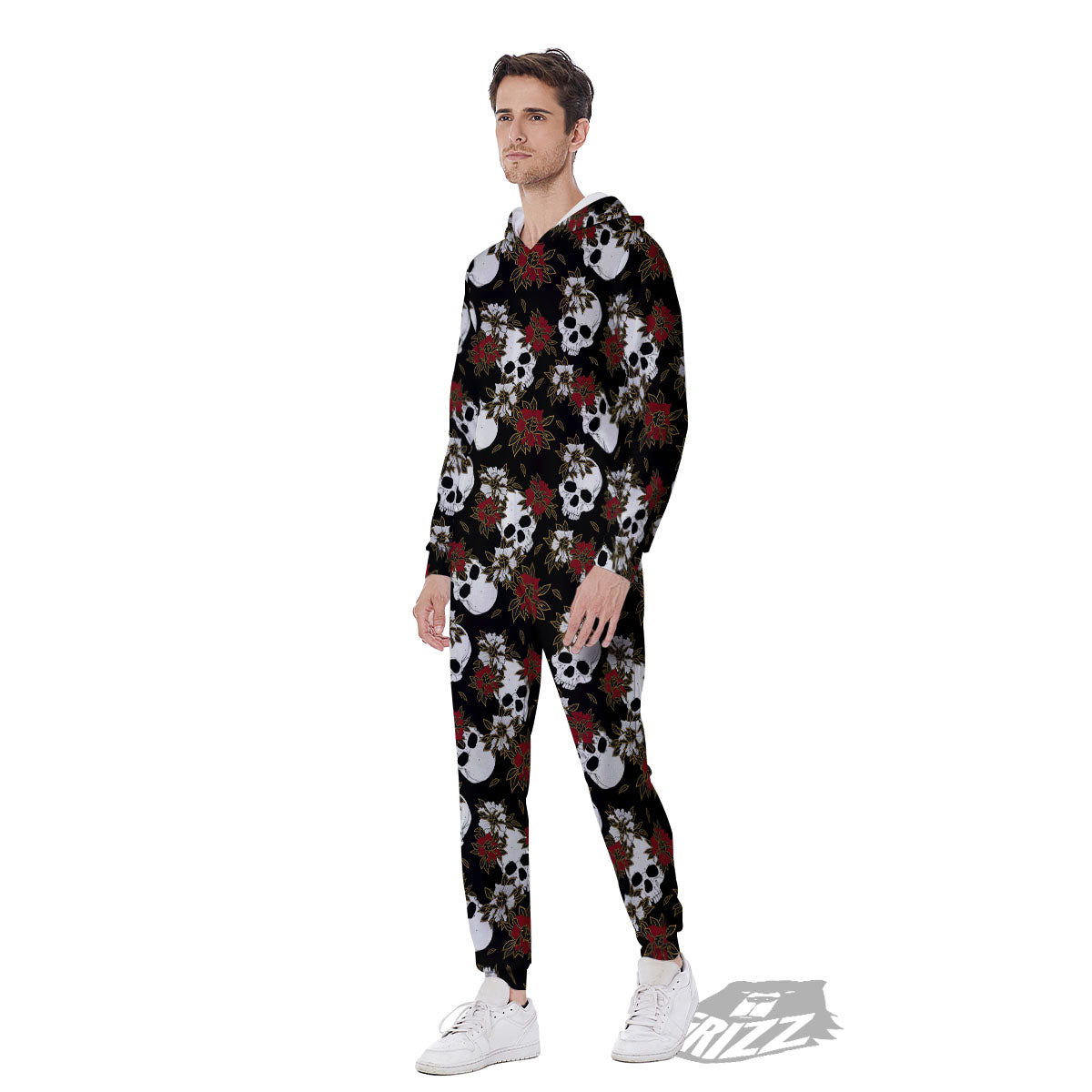 Sugar Skull White And Red Print Pattern Men's Jumpsuit-grizzshop