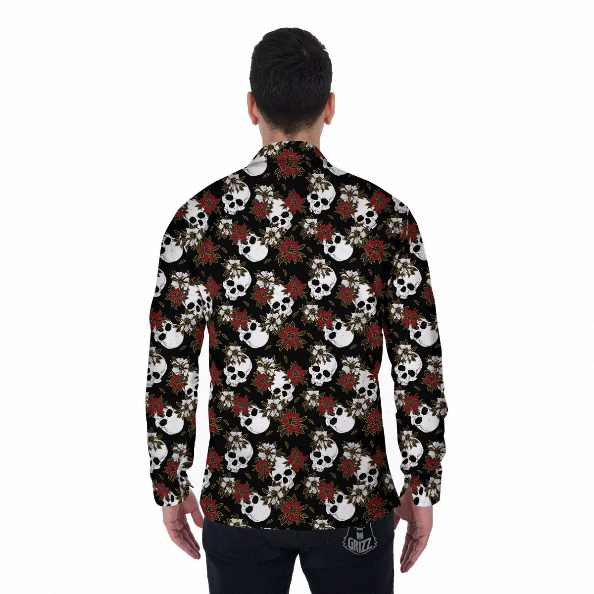 Sugar Skull White And Red Print Pattern Men's Long Sleeve Shirts-grizzshop