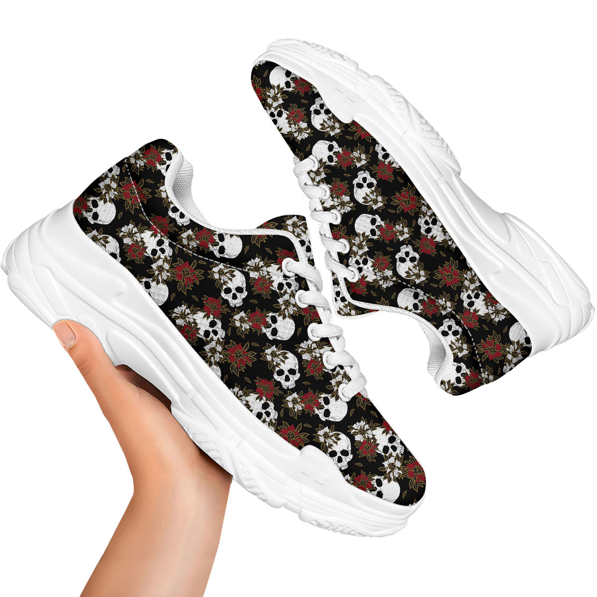 Sugar Skull White And Red Print Pattern White Chunky Shoes-grizzshop