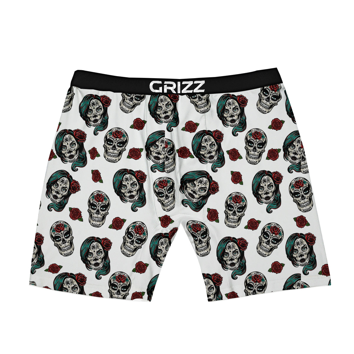 Sugar Skull White Floral Print Pattern Boxer Briefs-grizzshop