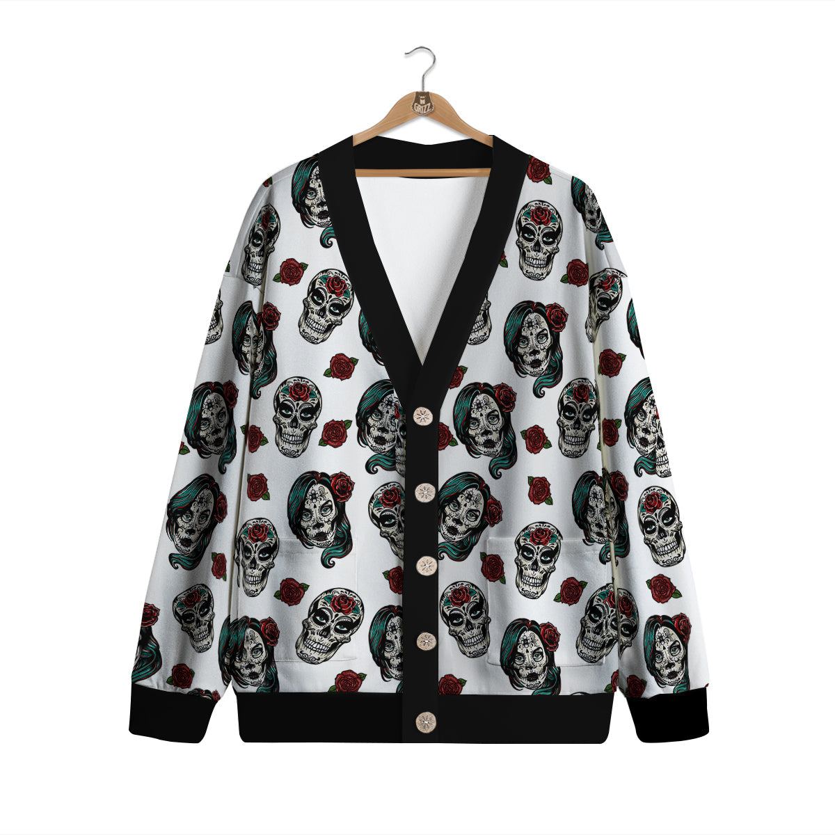 Sugar Skull White Floral Print Pattern Cardigan-grizzshop