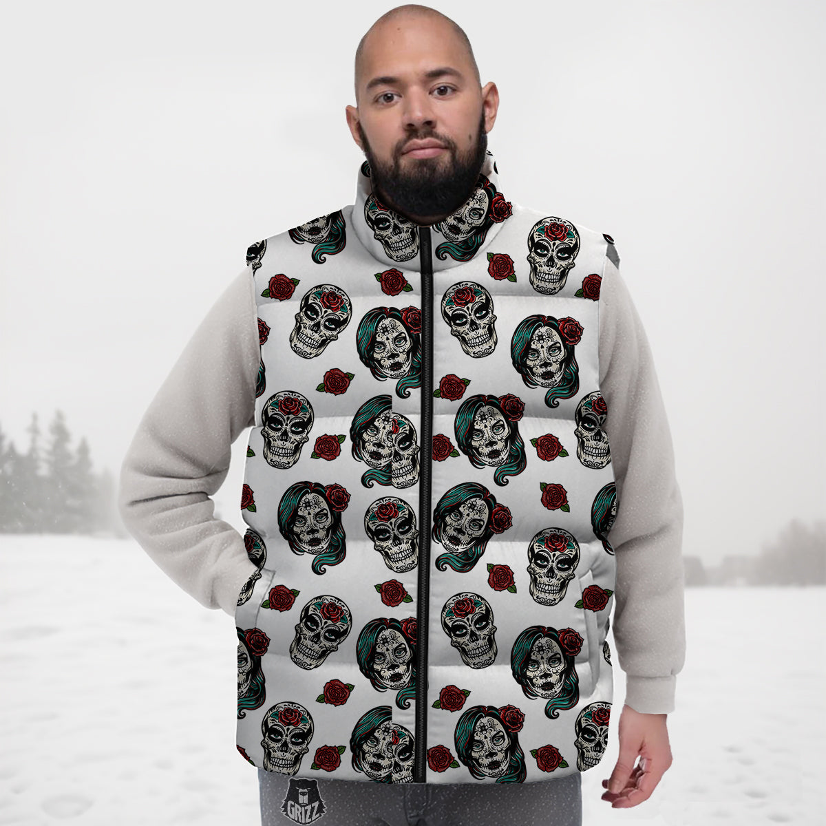 Sugar Skull White Floral Print Pattern Down Vest