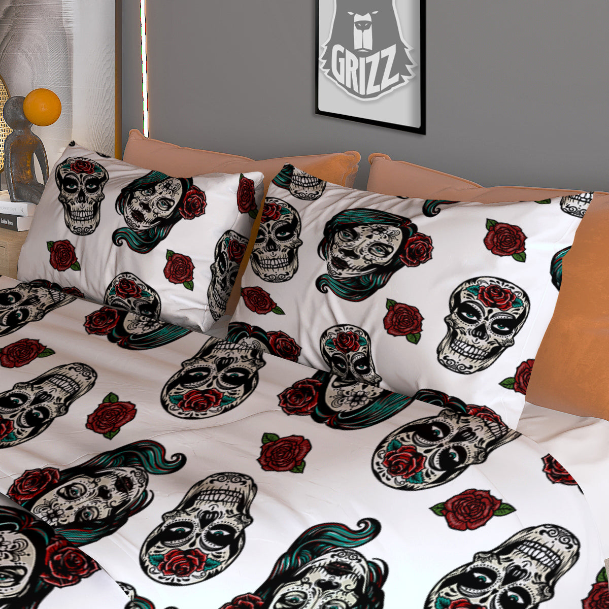 Sugar Skull White Floral Print Pattern Duvet Cover Bedding Set
