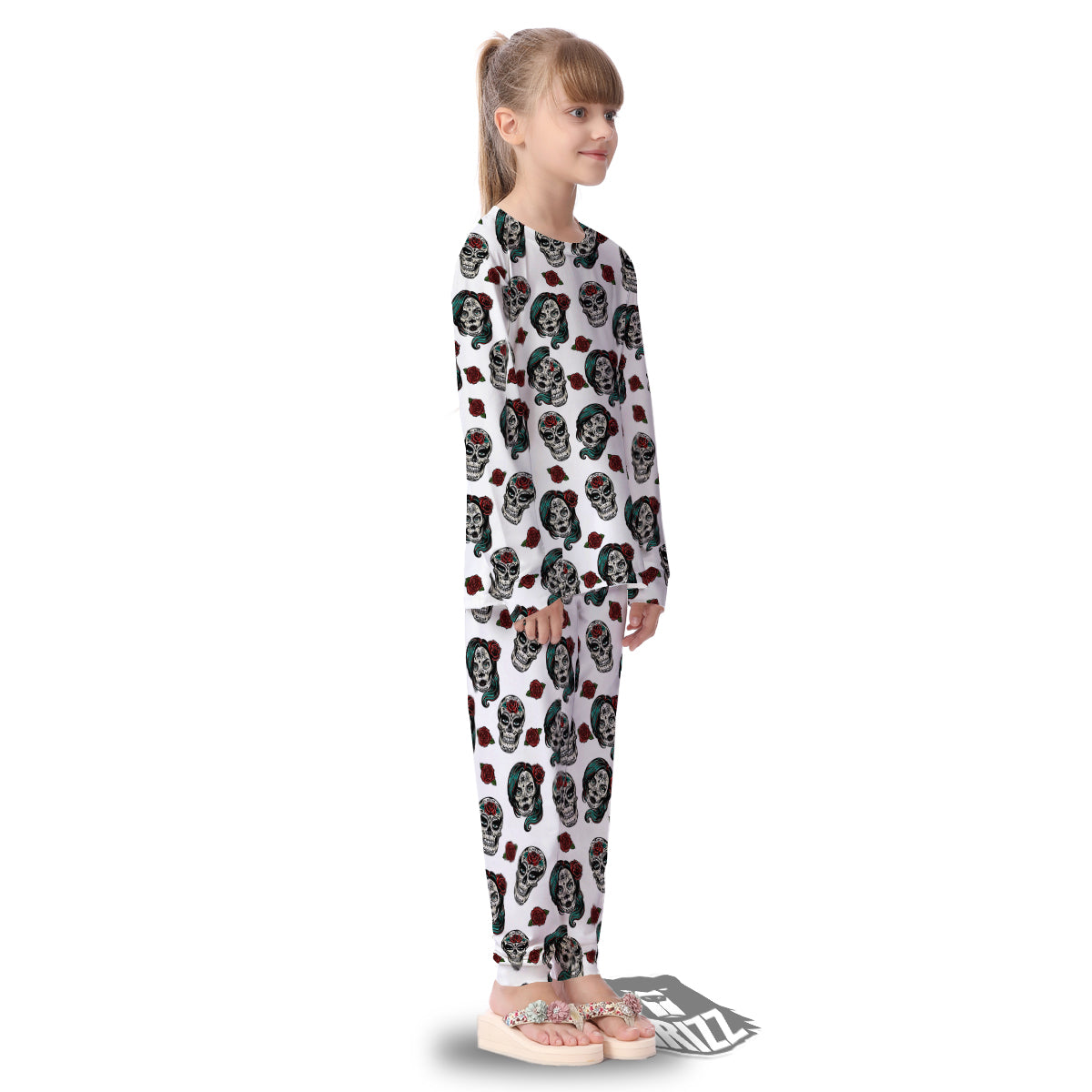Sugar Skull White Floral Print Pattern Kid's Pajamas-grizzshop