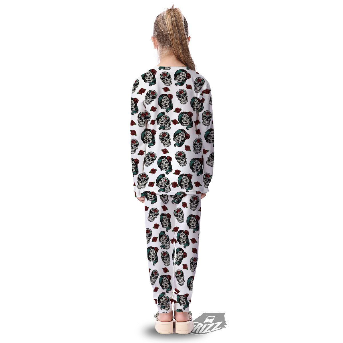 Sugar Skull White Floral Print Pattern Kid's Pajamas-grizzshop