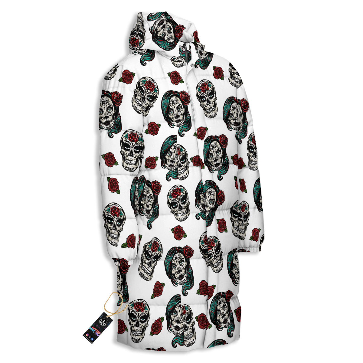 Sugar Skull White Floral Print Pattern Long Down Jacket-grizzshop