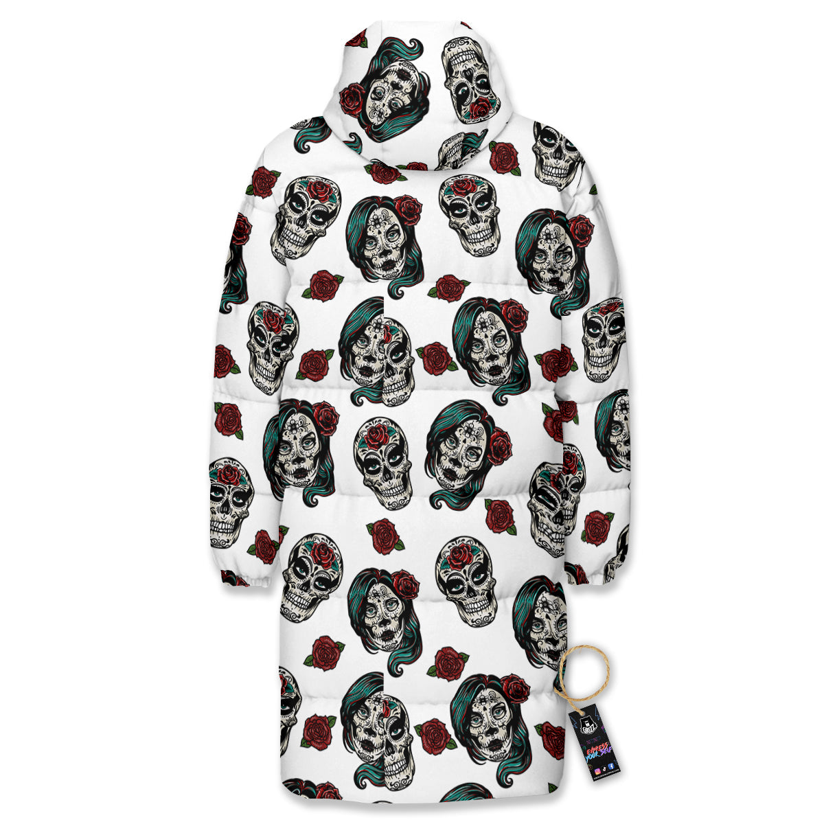 Sugar Skull White Floral Print Pattern Long Down Jacket-grizzshop