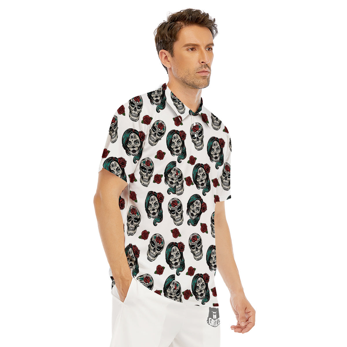 Sugar Skull White Floral Print Pattern Men's Golf Shirts-grizzshop