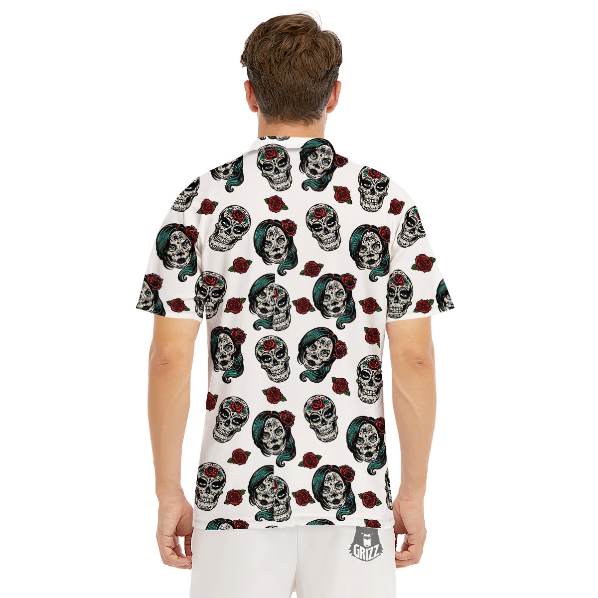 Sugar Skull White Floral Print Pattern Men's Golf Shirts-grizzshop
