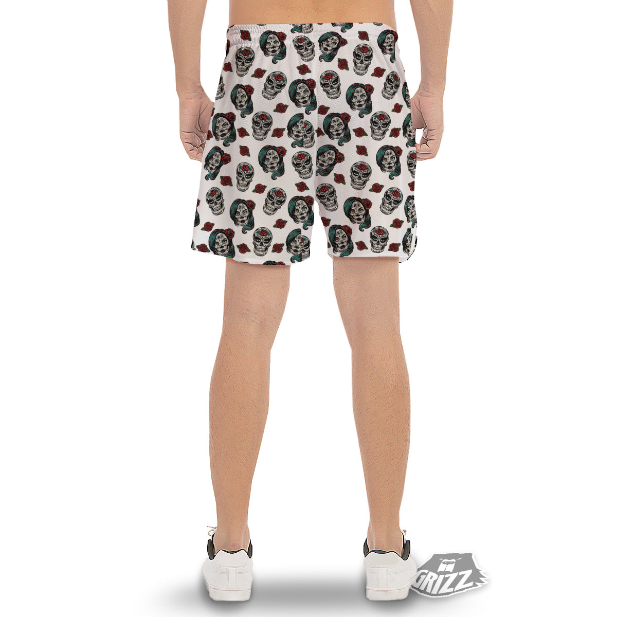 Sugar Skull White Floral Print Pattern Men's Gym Shorts-grizzshop