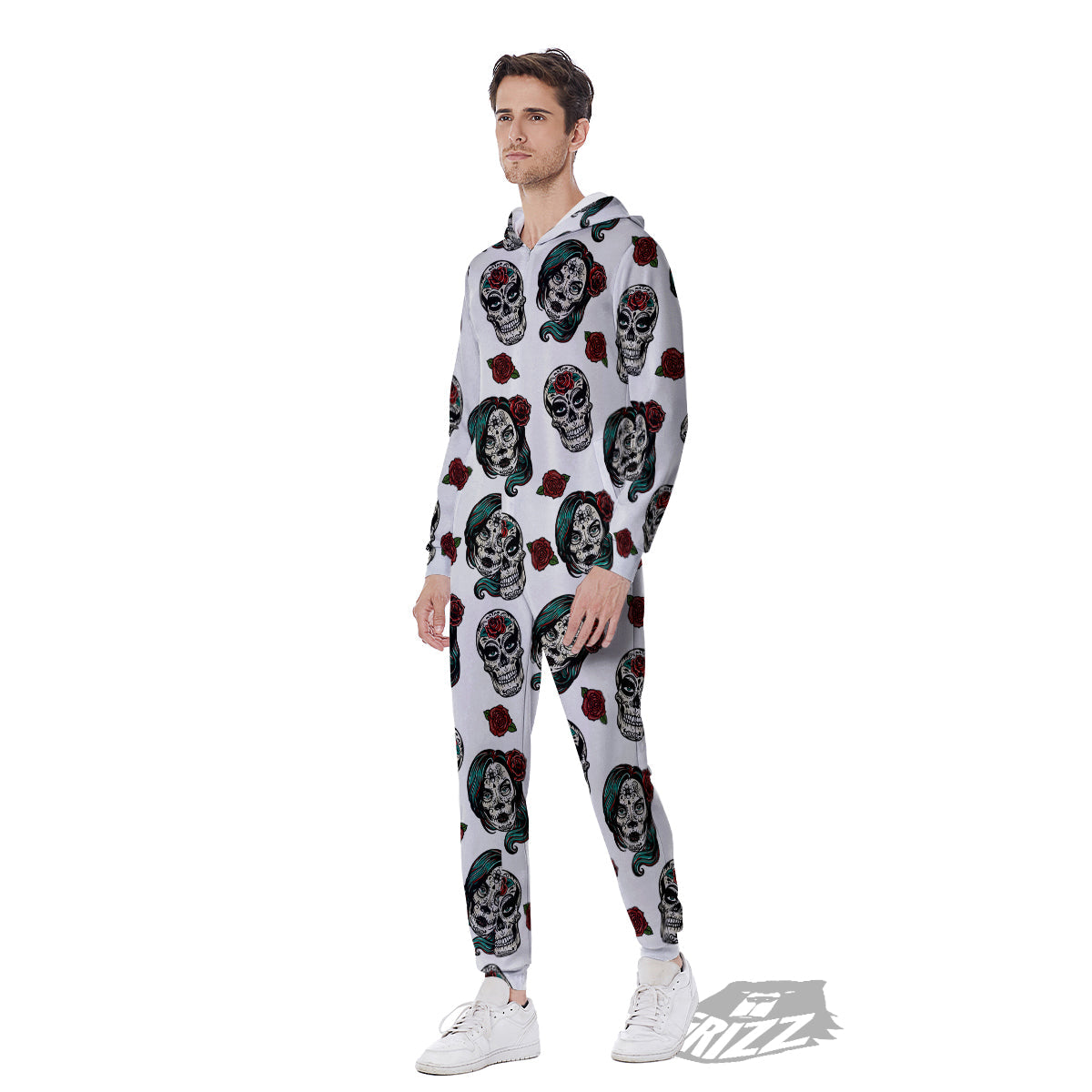 Sugar Skull White Floral Print Pattern Men's Jumpsuit-grizzshop