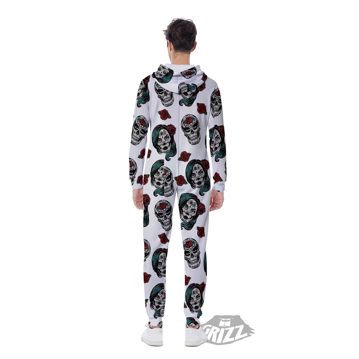 Sugar Skull White Floral Print Pattern Men's Jumpsuit-grizzshop