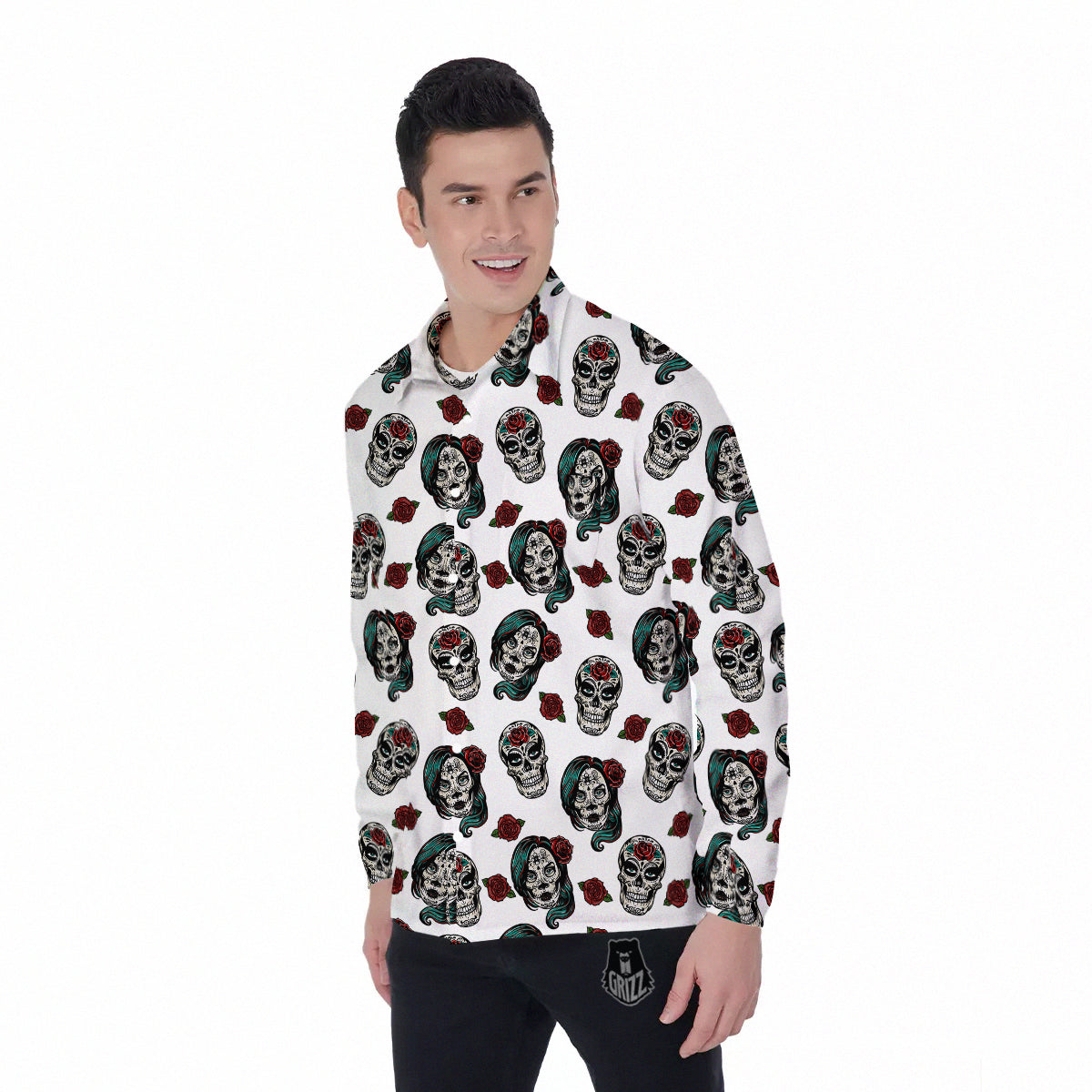 Sugar Skull White Floral Print Pattern Men's Long Sleeve Shirts-grizzshop