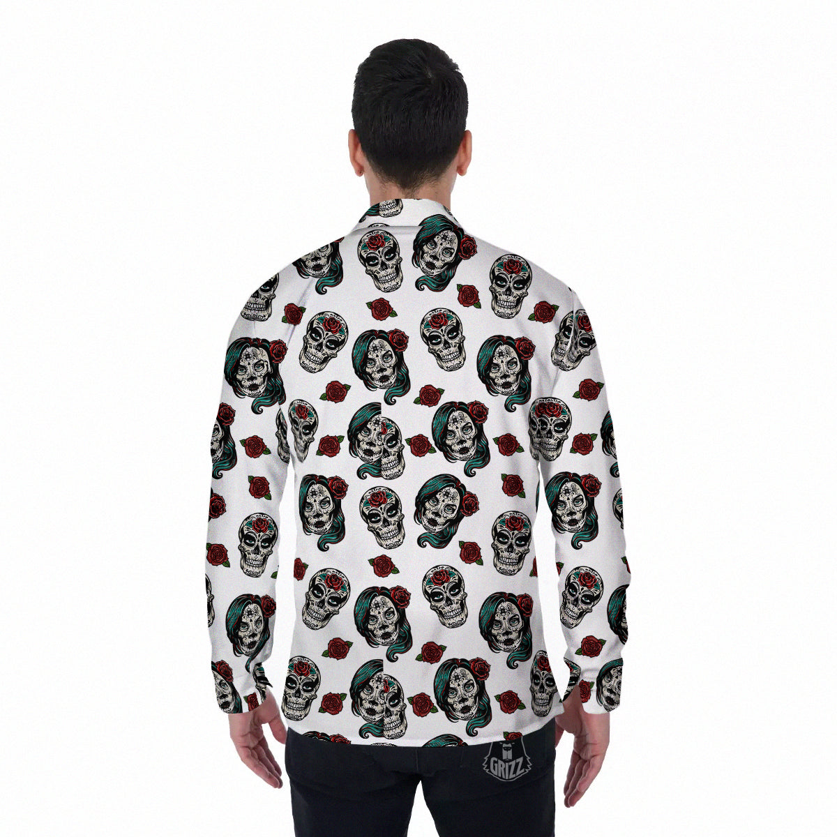 Sugar Skull White Floral Print Pattern Men's Long Sleeve Shirts-grizzshop