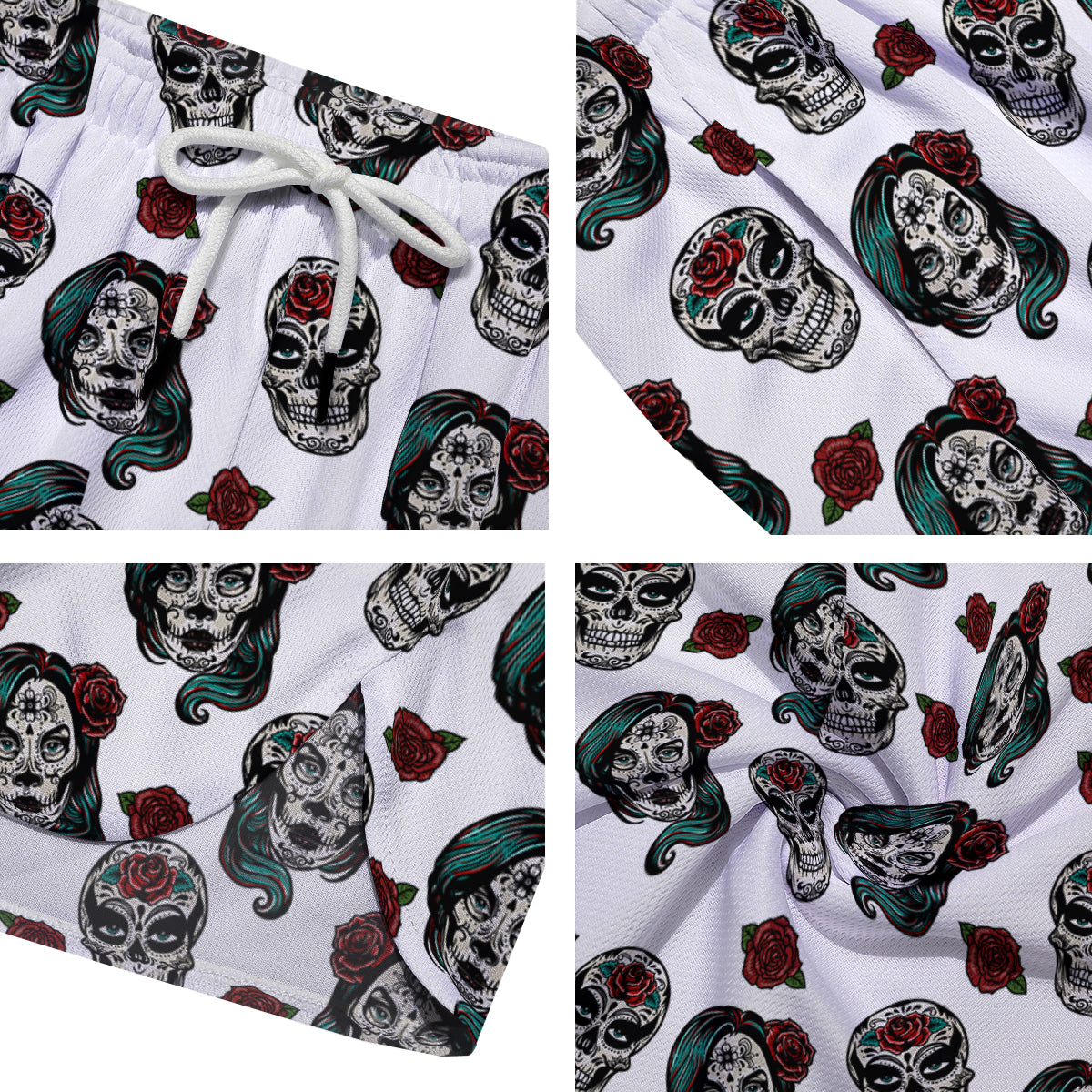 Sugar Skull White Floral Print Pattern Men's Running Shorts-grizzshop