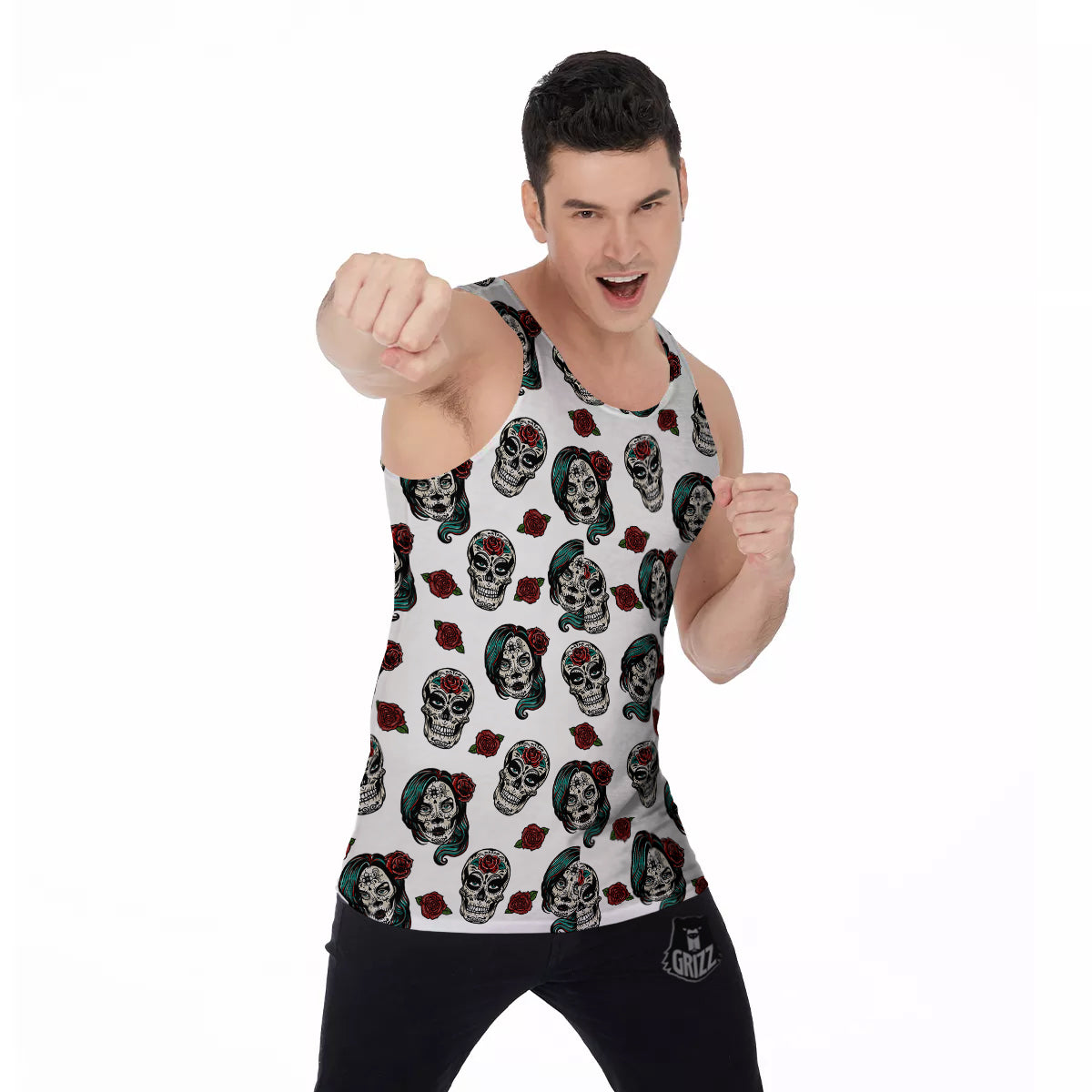 Sugar Skull White Floral Print Pattern Men's Tank Top-grizzshop