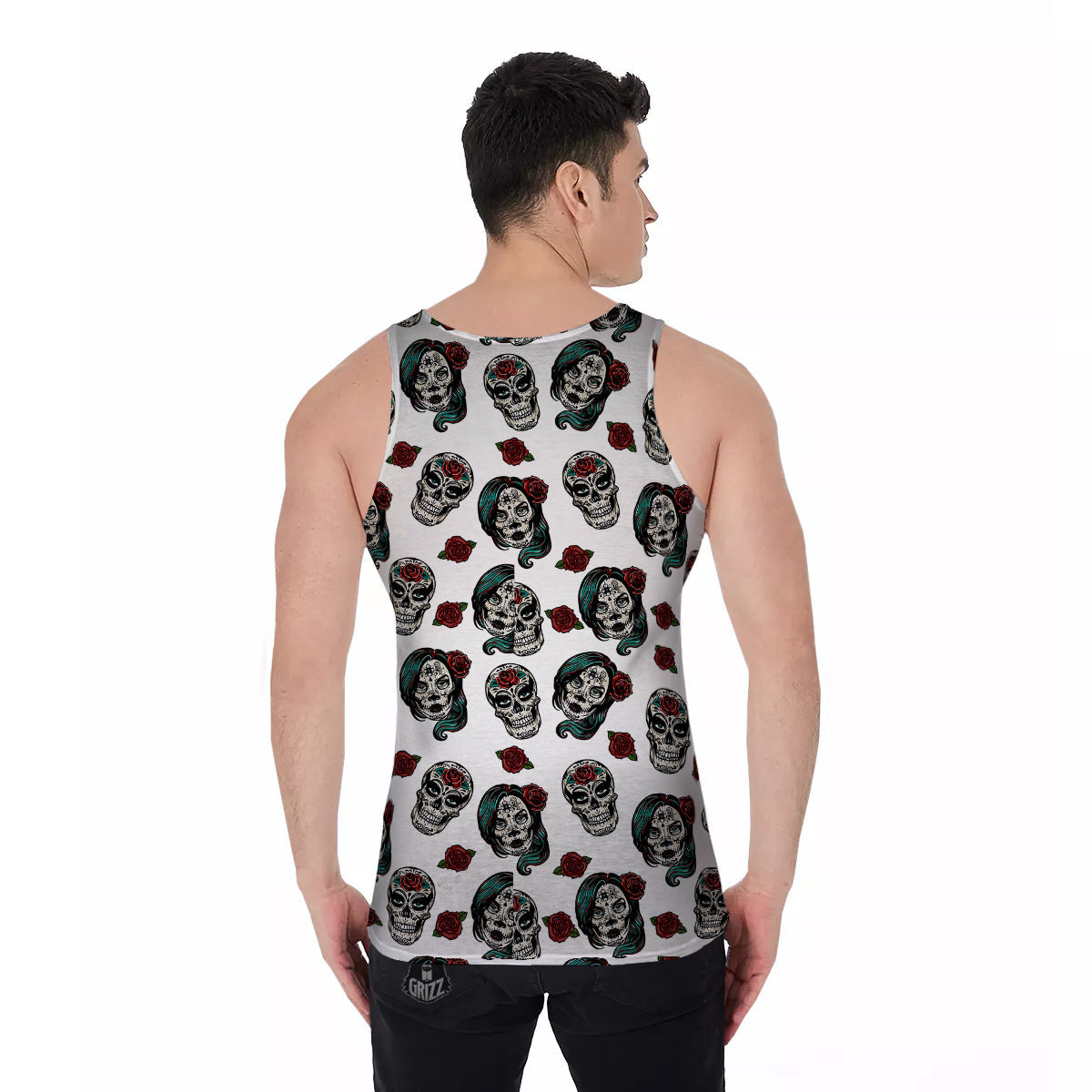 Sugar Skull White Floral Print Pattern Men's Tank Top-grizzshop