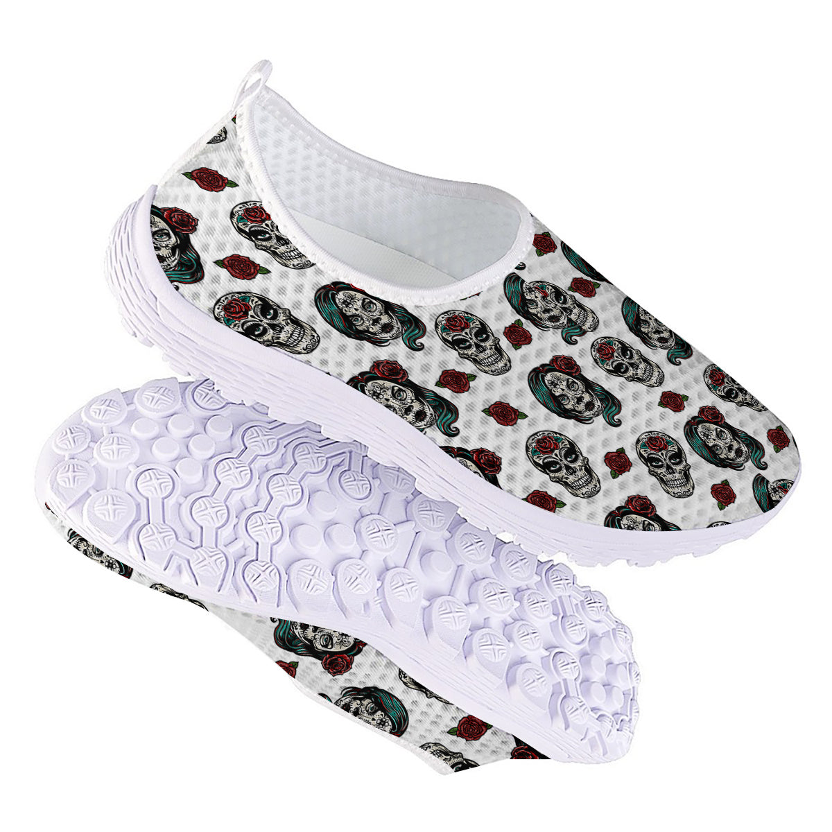 Sugar Skull White Floral Print Pattern Nurse Shoes-grizzshop