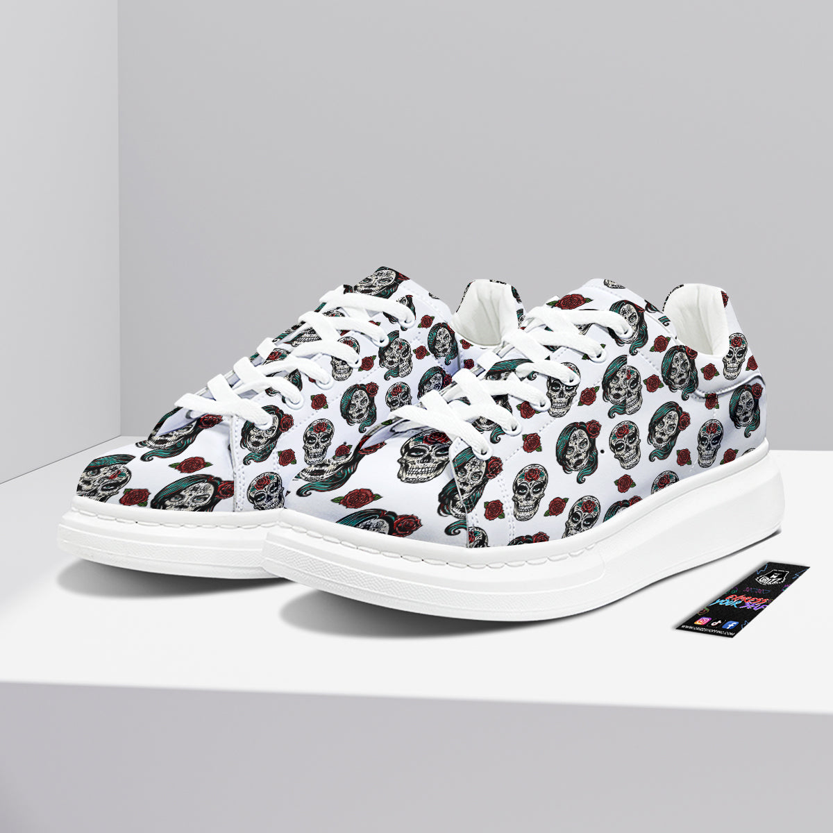 Sugar Skull White Floral Print Pattern Platform Shoes-grizzshop