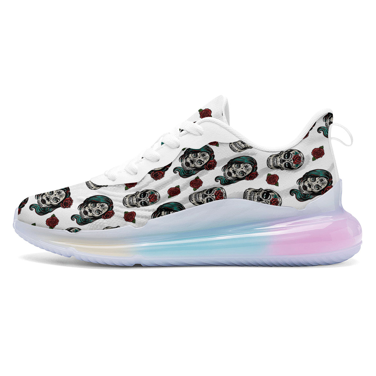 Sugar Skull White Floral Print Pattern Running Sneakers-grizzshop