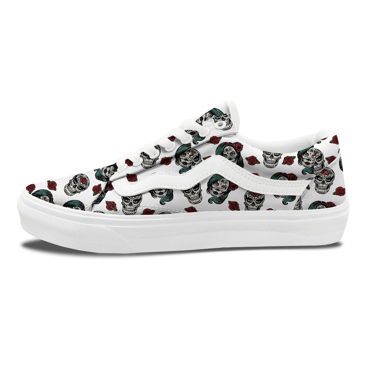 Sugar Skull White Floral Print Pattern Skate Shoes-grizzshop