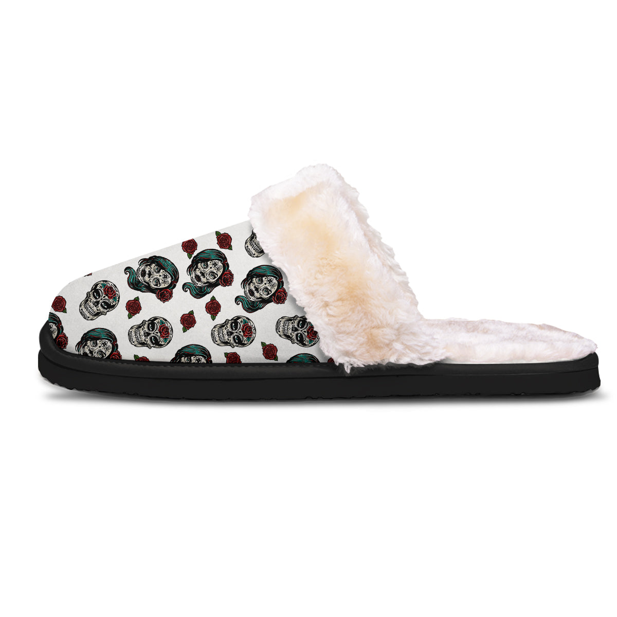 Sugar Skull White Floral Print Pattern Slippers-grizzshop