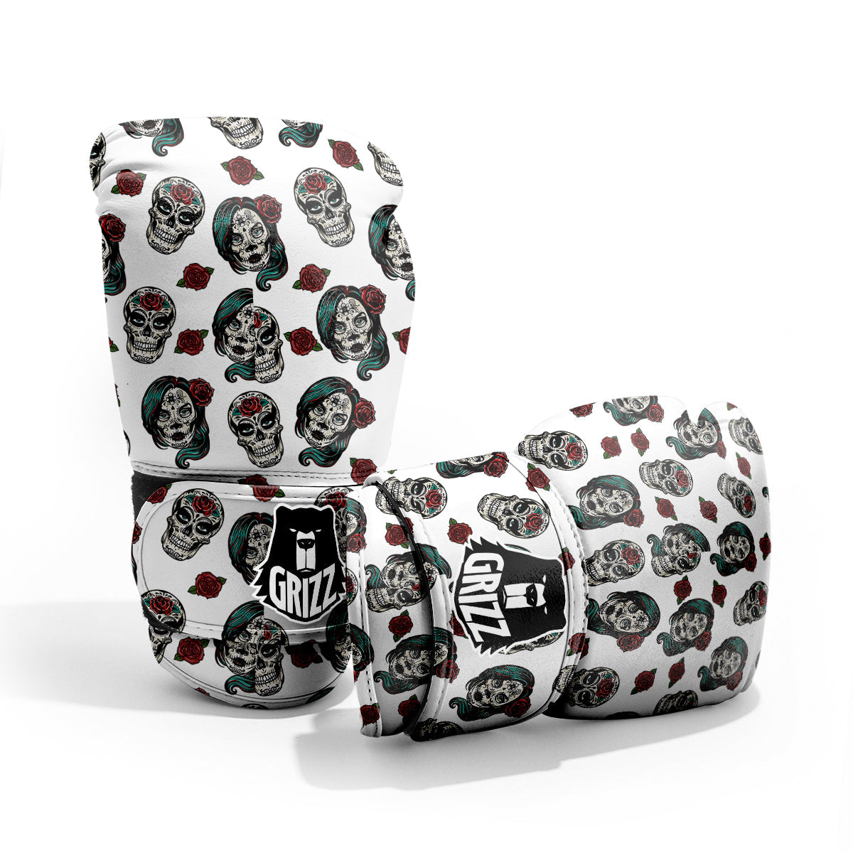 Sugar Skull White Floral Print Pattern Pro Boxing Glove