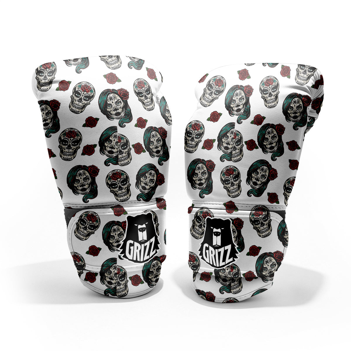 Sugar Skull White Floral Print Pattern Pro Boxing Glove