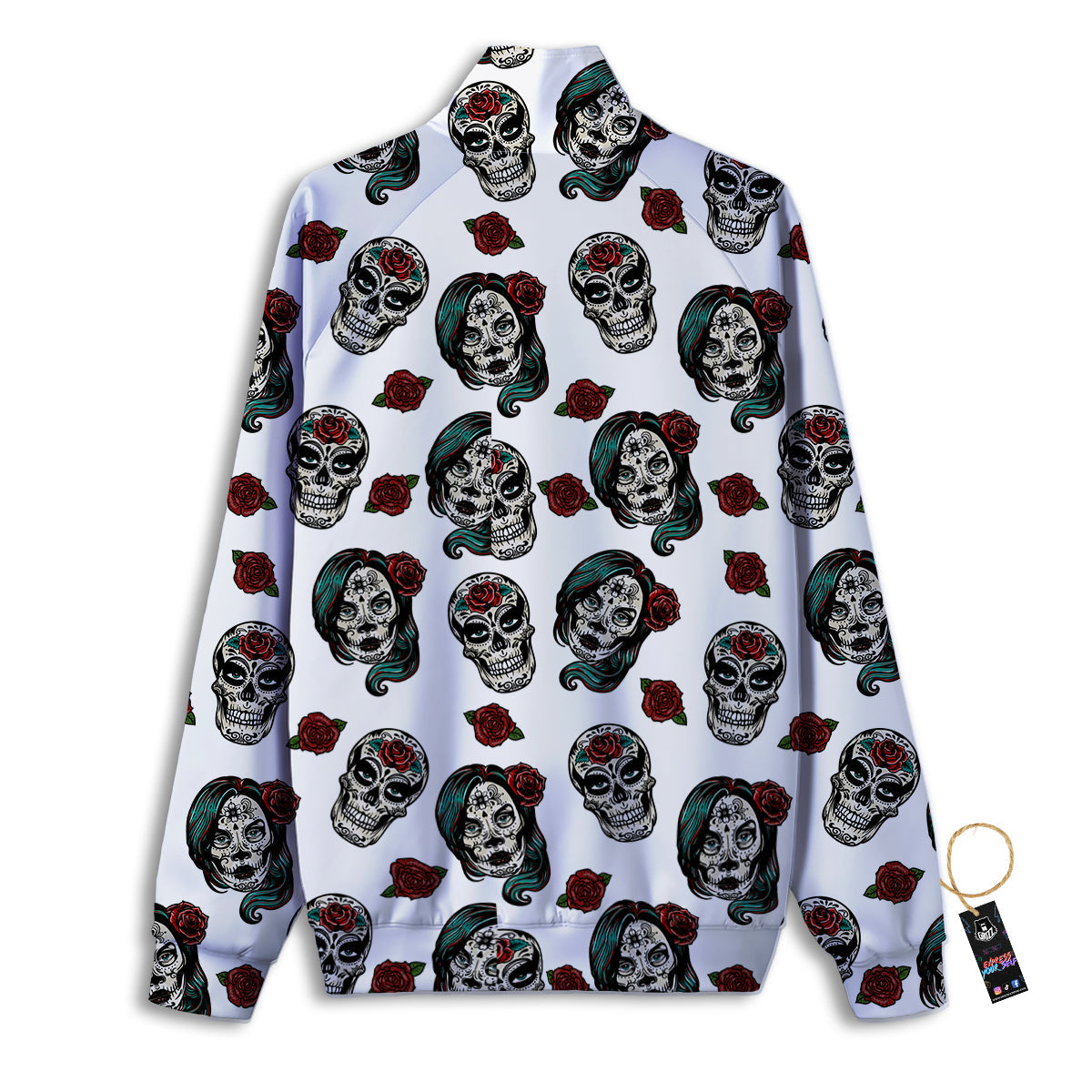 Sugar Skull White Floral Print Pattern Track Jacket-grizzshop
