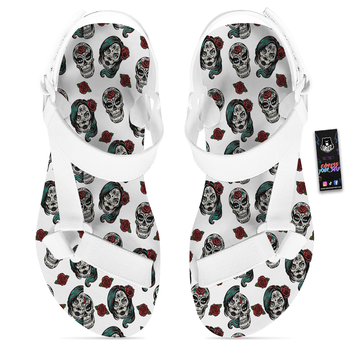 Sugar Skull White Floral Print Pattern White Open Toe Sandals-grizzshop