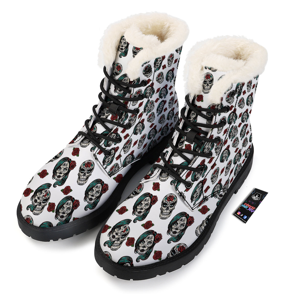 Sugar Skull White Floral Print Pattern Winter Boots-grizzshop