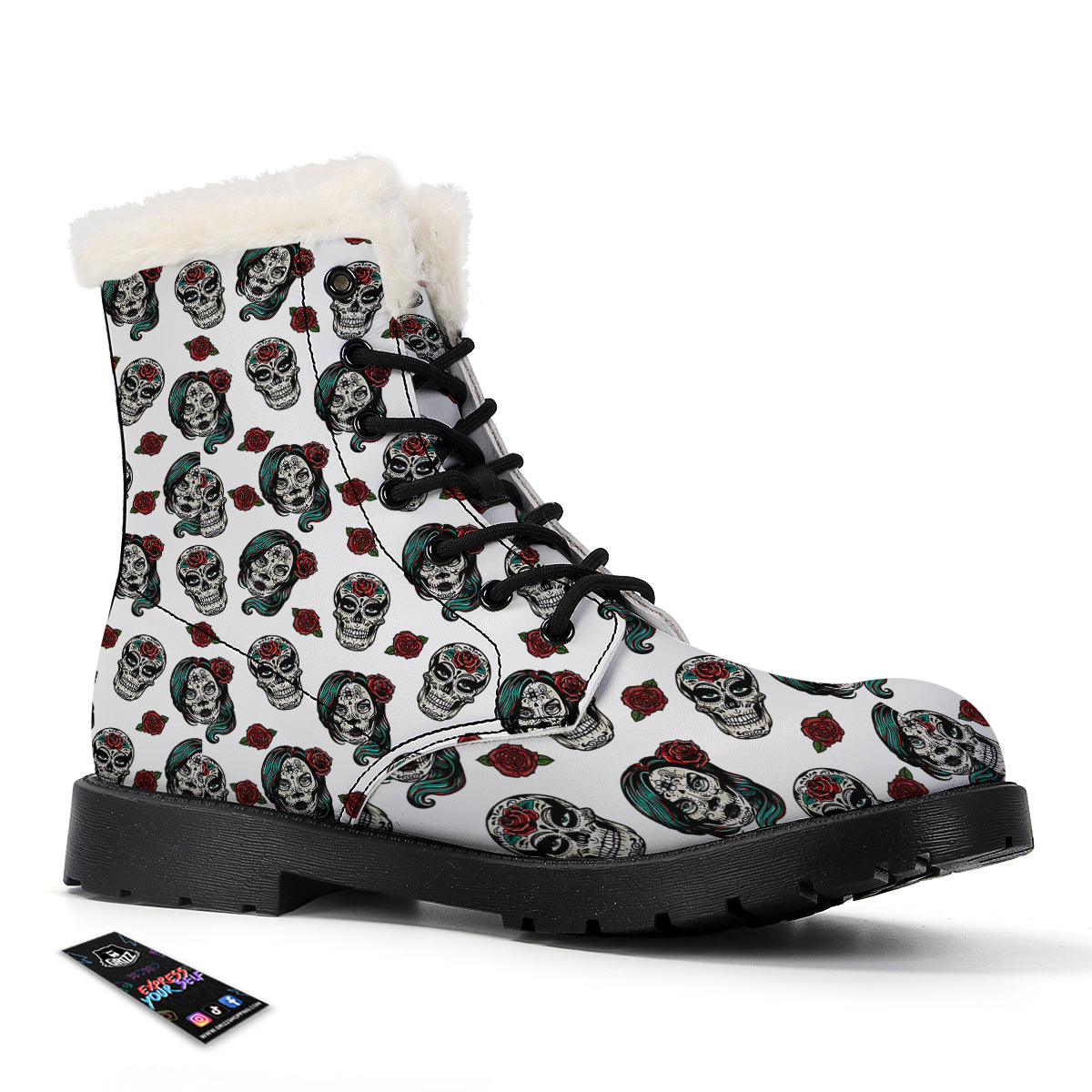 Sugar Skull White Floral Print Pattern Winter Boots-grizzshop