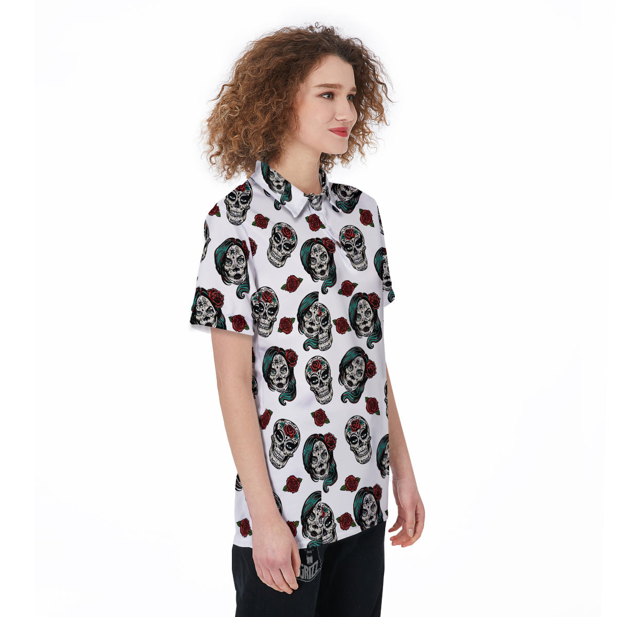 Sugar Skull White Floral Print Pattern Women's Golf Shirts-grizzshop