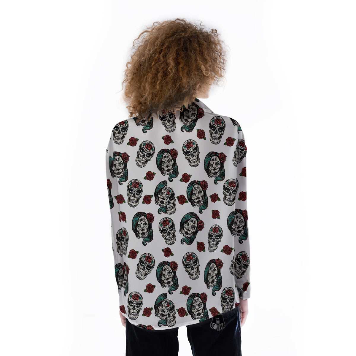 Sugar Skull White Floral Print Pattern Women's Long Sleeve Shirts-grizzshop