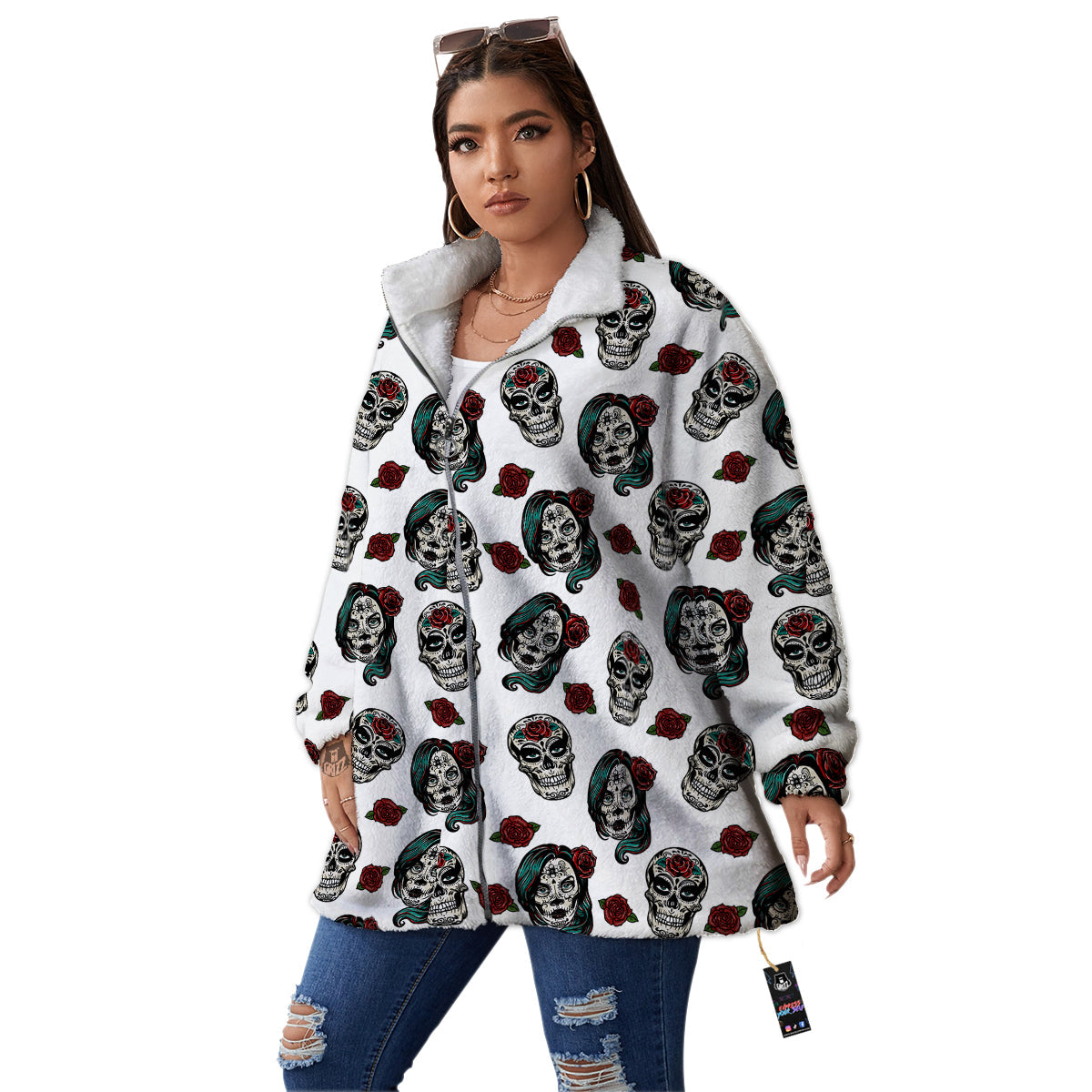 Sugar Skull White Floral Print Pattern Women's Sherpa Jacket-grizzshop
