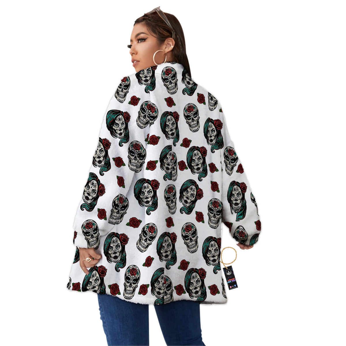 Sugar Skull White Floral Print Pattern Women's Sherpa Jacket-grizzshop