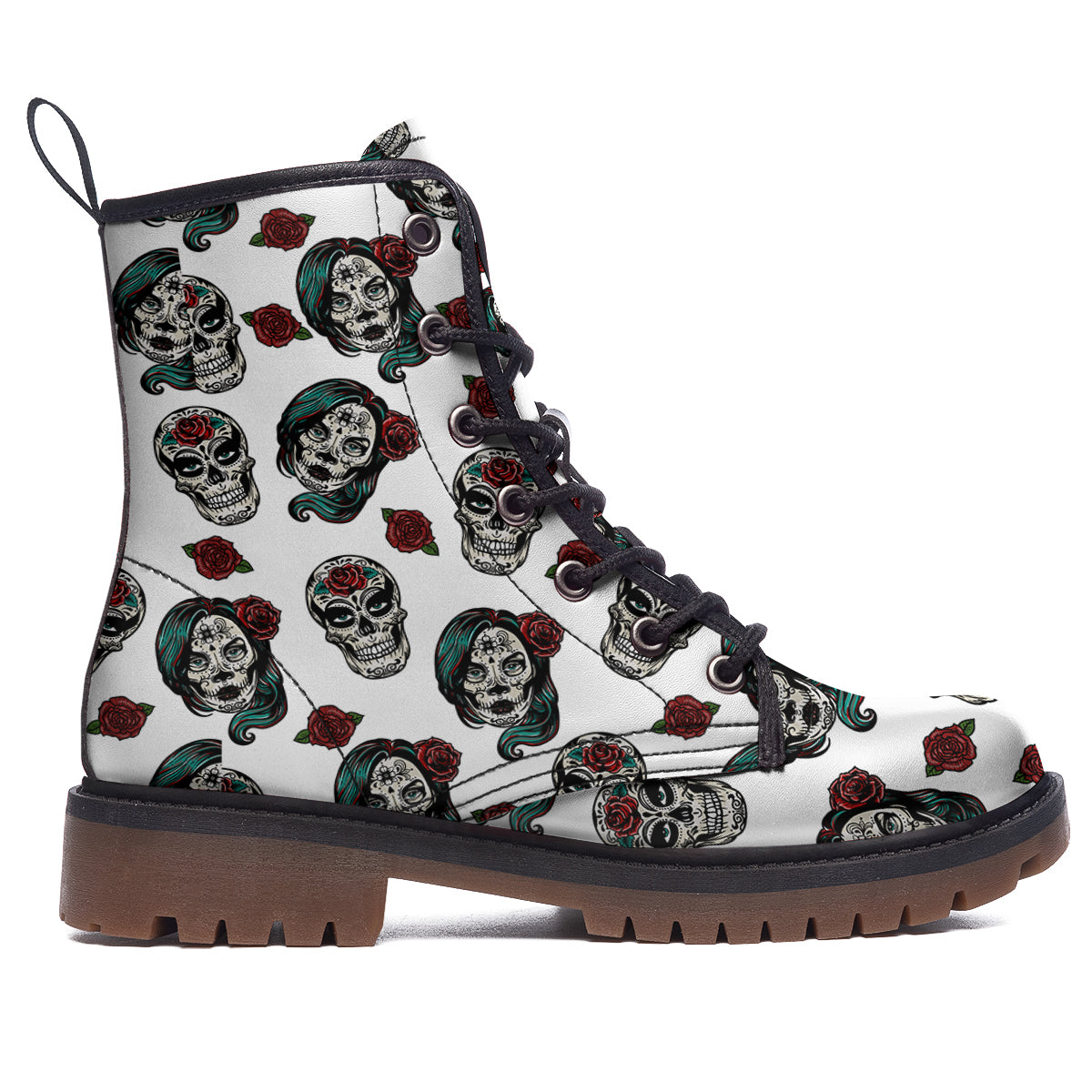 Sugar Skull White Floral Print Pattern Work Boots-grizzshop